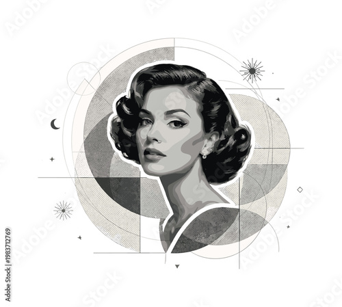 vintage editorial portrait, overlapping circles linear accents abstract frames and small metaphorical symbols, black and white close-up face with dramatic
