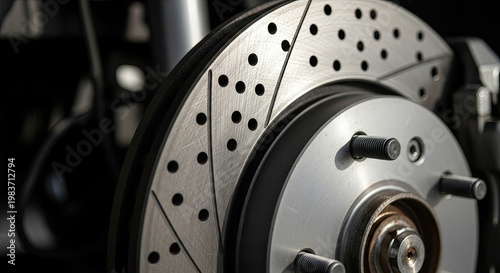 Automotive brake disc detail with drilled rotors providing enhanced cooling and performance in a high performance braking system