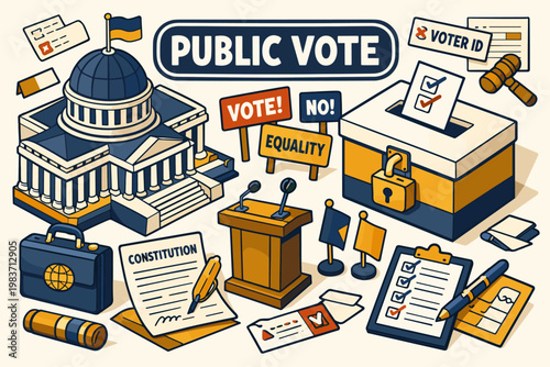 Politics Governance Symbols Politics Governance Symbols clean focused isometric hero scene with oversized parliament building and ballot box, one podium