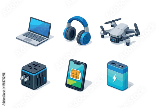 Global mobility. Isometric flat vector icons set of global mobility: digital passport app, airplane travel route map, world clock interface, visa approval