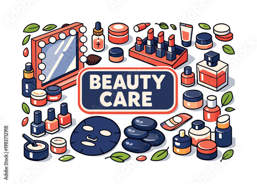 Beauty Care Essentials Beauty Care Essentials clean focused isometric hero scene with oversized vanity mirror and lipstick stand, one perfume bottle, a few