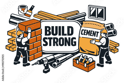 Building Material Stories Building Material Stories banner, two builders arranging an oversized brick stack and giant cement bag with timber planks and steel