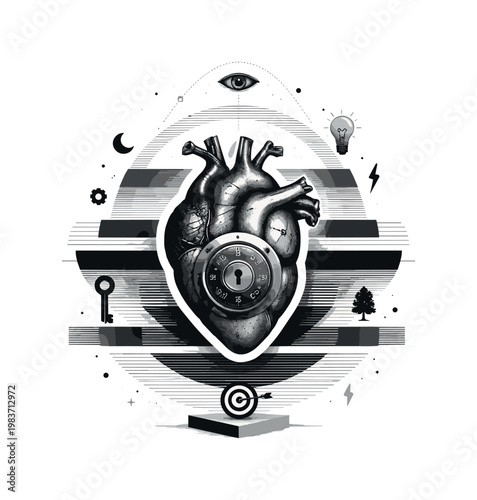 abstract surreal object, layered semicircles thin horizontal lines abstract blocks and small metaphorical icons, black and white anatomical heart merged with a