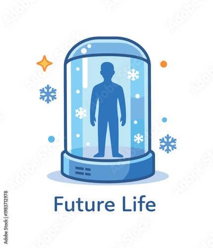 Cryonics preservation exploring the concept of freezing human bodies in hope of future revival, a calm human silhouette inside a transparent capsule surrounded