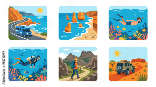 Colorful travel and adventure scenes showcase various outdoor activities and landscapes