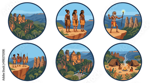 Uluru rock formations and Australian Aboriginal people in traditional clothing on a cliff