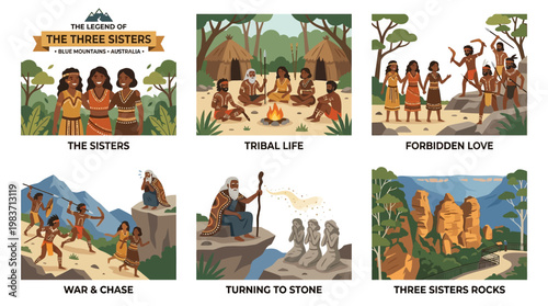 The legend of three sisters in Blue Mountains Australia depicted through six scenes