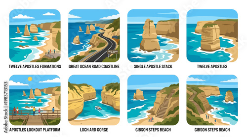 Twelve Apostles formations and Great Ocean Road coastline attractions in Australia