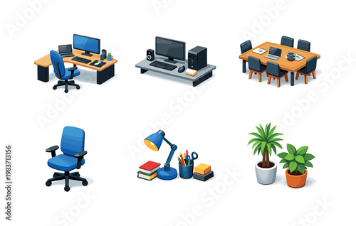 Team communication. Isometric flat vector icons set of team communication: group video conference grid, speech bubbles network, headset support operator,
