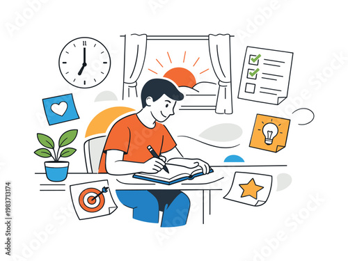 Daily intentions. A relaxed character sits at a desk in the early morning, writing down plans, dreams, and priorities in a journal while the sun rises behind