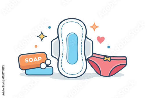 Menstrual hygiene management centered on clean and confident daily care with a sanitary pad as the main symbol, surrounded by soap, fresh underwear, and small