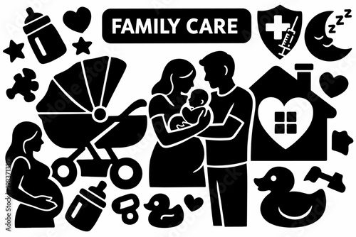 Parenting Family Care. Clean solid/filled composition of a parenting scene with two parents and one baby, oversized stroller and heart home as dominant
