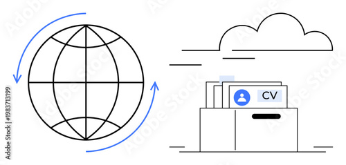 Recruitment concept. Recruitment involves global connectivity, cloud-based storage for resumes, and professional networking. Recruitment focuses on hiring efficiency and digital access. Useful