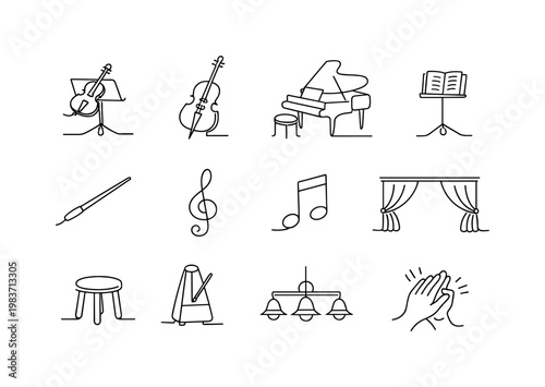 Classical Music Performance. Minimalistic set one-line drawing [violin on music stand, cello, grand piano, music stand with sheet, conductor baton, treble