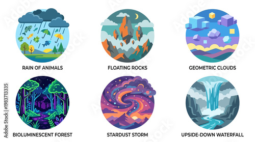 Whimsical fantasy landscapes with imaginative natural elements depicted