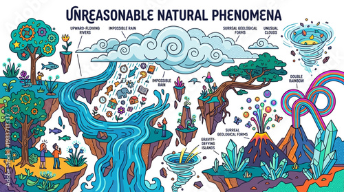 Unreasonable natural phenomena illustrated in a vibrant and imaginative infographic with surreal geological formations and impossible rain