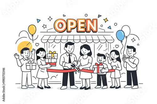 Grand opening retail event. Ribbon cutting moment in front of a modern store, smiling people holding balloons and gift boxes, ?OPEN? sign glowing above.