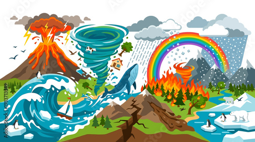 Natural disasters like volcanic eruption, tornado, hurricane, flood, fire, and climate change effects