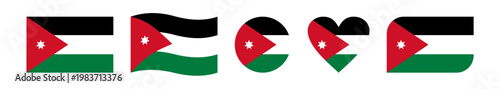 Set of five creative Jordan flag vector designs featuring wavy, circular, heart-shaped, rounded-corner, and rectangular styles, symbolizing national pride and patriotic celebration