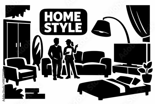 Home Furniture Interior Living. Clean solid/filled composition with homeowner and decorator beside oversized sofa and giant floor lamp, large wardrobe and