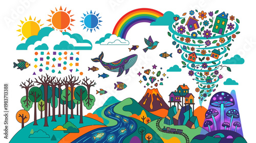 Whimsical illustration of a vibrant landscape with a rainbow, animals, and fantasy elements in a stylized environment.