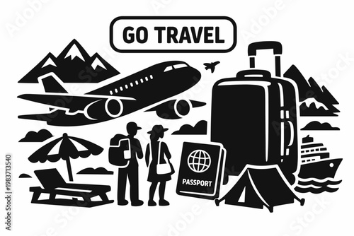 Vacation Travel Leisure. Clean solid/filled composition of a vacation travel scene with two travelers, oversized airplane and suitcase as dominant objects,