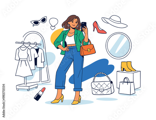 Fashion blogger in boutique. A stylish creator poses confidently in a chic boutique, showing off a fresh outfit with a phone in hand and soft light reflecting