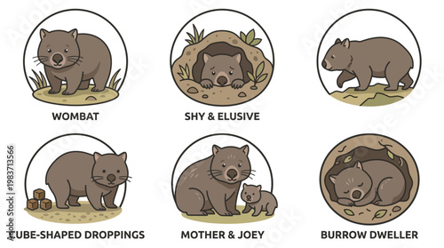 Wombat characteristics and behaviors in various natural settings depicted