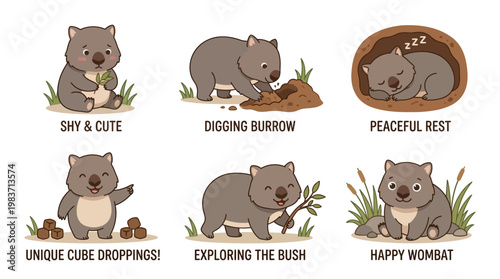 Adorable wombat showcasing various behaviors and emotions in different scenes