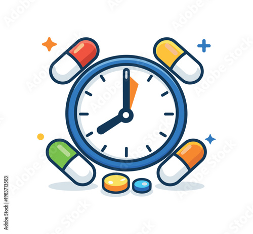 Daily supplement protocol for healthy aging visualized through a clock combined with capsules, suggesting timing, discipline, and sustained commitment to
