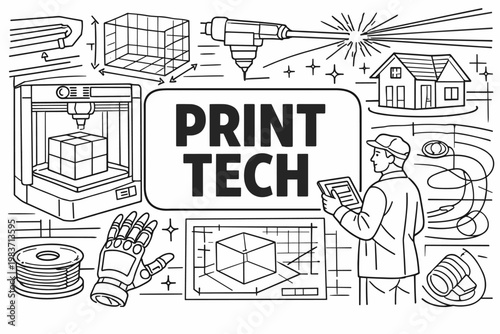 3D Printing Workshop. Clean outline line art banner of additive manufacturing with one engineer monitoring an oversized 3D printer and giant printed cube,