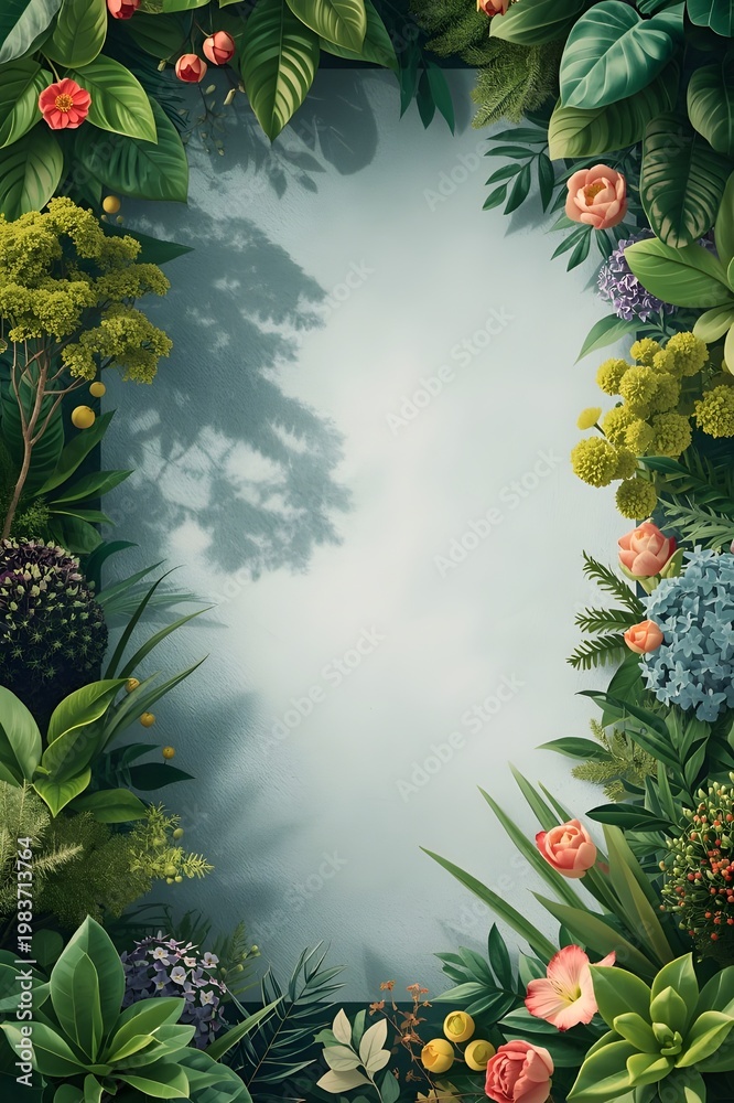 Fototapeta premium Elegant Floral Frame with Lush Green Leaves and Flowers Background