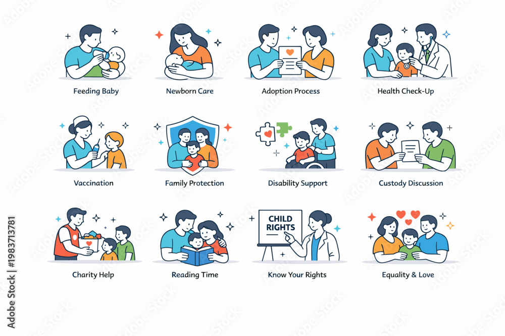 Fototapeta premium Progress Growth Outline Icons. Progress and growth editorial banner with geometric characters beside an oversized upward arrow and large mountain chart across
