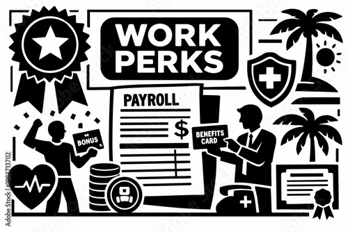Employee Benefits Package. Clean solid banner scene with an oversized reward badge and giant payroll document filling the frame, one employee receiving a bonus