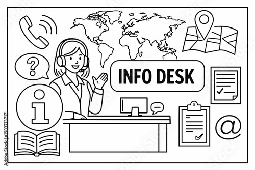 Information Help Center. Clean outline line art banner of customer information support with service agent beside oversized info symbol and question mark