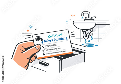 Plumber business card in emergency use. A person quickly pulls a plumbing contact card from a drawer while noticing a leaking sink in the background. Simple