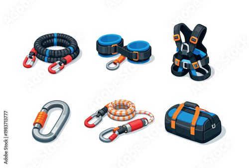 Jump equipment. Isometric flat vector icons set of jump equipment: elastic bungee cord coil, ankle strap harness, body harness vest, carabiner hook, safety