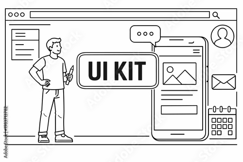 Minimal UX UI Essentials. Clean outline line art banner of web interface design with designer beside oversized smartphone screen and browser window, menu and
