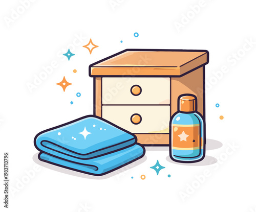 Home cleaning essentials features a compact scene with a cabinet corner, a microfiber cloth, and a small polish bottle, suggesting simple household care and an
