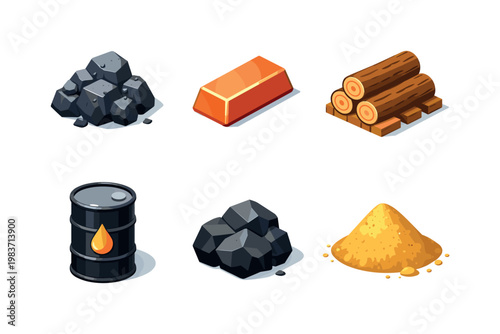 Raw Materials. Isometric flat vector icons set of raw materials: iron ore rock, copper ingot, timber log stack, crude oil barrel, coal chunk, sand pile.