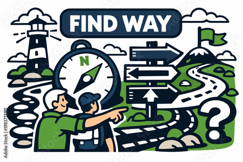 Guidance Path Series flat vector digital illustration, doodle flat, thick outline, expressive characters, simple shapes, playful proportions, exaggerated