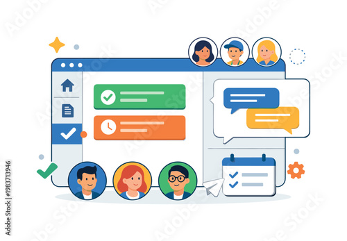 Digital collaboration tools visualized as a shared workspace dashboard with chat bubbles task cards and user avatars, conveying teamwork alignment and smooth