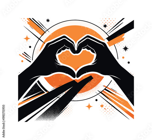 A black and white silhouette of hands shaping a heart with a bold graphic shadow, layered collage composition with strong white outline, diagonal lines,