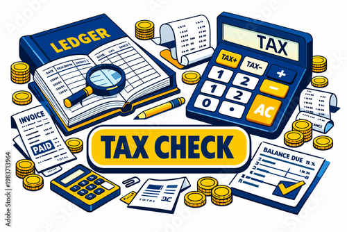 Accounting Audit Ledger Accounting Audit Taxes, clean focused isometric hero scene with one oversized ledger report book and one large calculator tax desk,