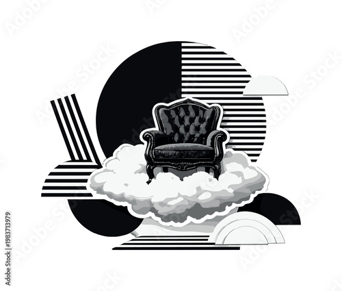 abstract surreal object, large circle backdrop abstract stripes semicircles and paper-cut geometric forms, black and white vintage chair growing from a cloud