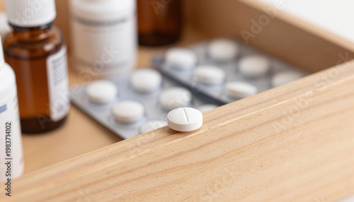 Close-up of a single white round pill on a wooden drawer edge with blurred medicine bottles and blister pack in background