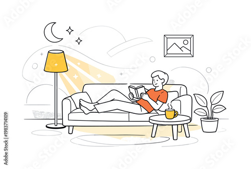 Bedroom relaxation lighting. Soft bedside lamp glowing, person reading a book under warm light, gentle shadows creating a calm night setting. Minimal bedroom