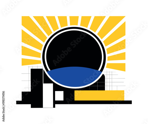 Black and white retro-style central circular disk with bold white outline cut-out effect, intense yellow sunburst radiating lines extending outward in high