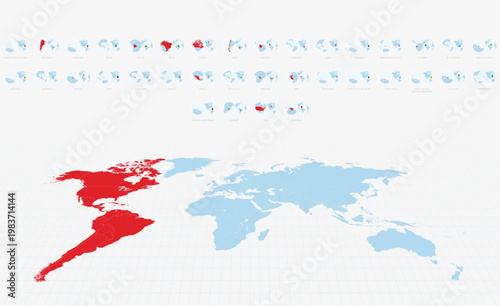 Globe Icons of American Countries arranged alphabetically and set against a world map with America highlighted in red.
