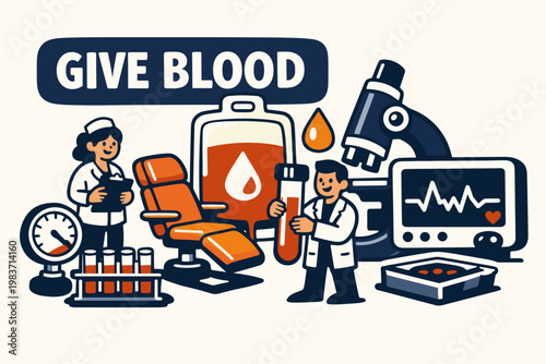 Blood Care Stories flat vector digital illustration, doodle flat, thick outline, expressive characters, simple shapes, playful proportions, exaggerated scale,